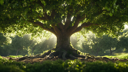 Obraz premium large tree growing from the earth's surface, with spreading roots and lush green leaves, symbolizing life and sustainability