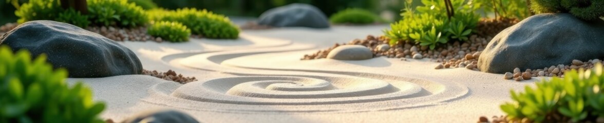 Obraz premium Raked sand zen garden features yin yang, reflecting feng shui principles , yin yang, contrast