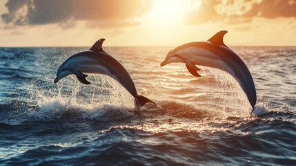 Fototapeta premium Two dolphins jumping out of the ocean at sunset, generative ai