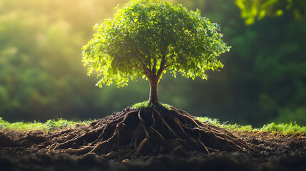 large tree growing from the earth's surface, with spreading roots and lush green leaves, symbolizing life and sustainability