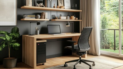Modern Home Office Desk with Shelves and View