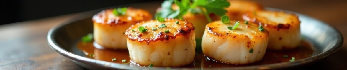 Seared scallops, perfectly browned, resting on a metal tray, high quality, golden brown, restaurant