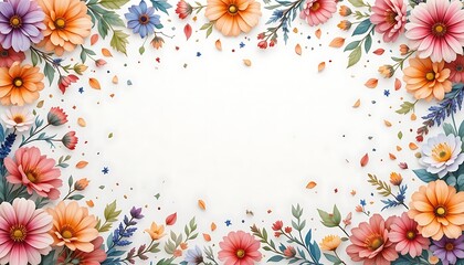 Floral Border with Colorful Flowers and Green Leaves on White Background