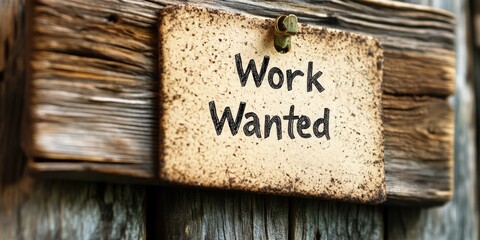 "Work Wanted" sign on weathered wood. Job search, unemployment, need for work concept. Use for economic, social, and historical blogs.