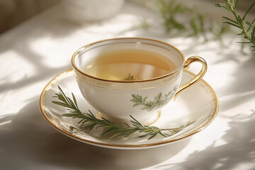 Fototapeta premium a cup of tea with a sprig of rosemary on the side of it and a teapot in the background