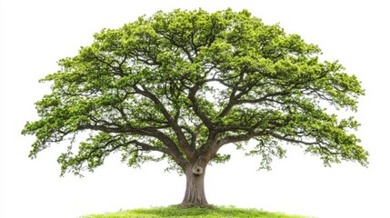 A vibrant green oak tree isolated on a white background, showcasing its robust trunk and expansive canopy.