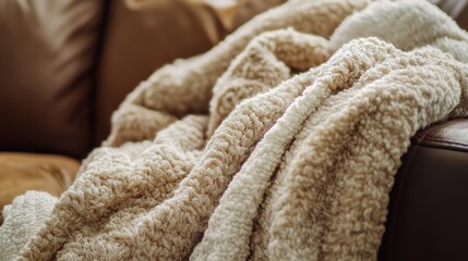 Cozy beige blanket draped over leather couch