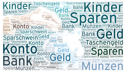 Hand wirft Münze in Sparschwein - transparente Wortwolke die das Sparen beschreibt, ai generiert