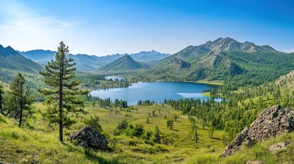 Fototapeta premium Scenic alpine lake nestled in a valley surrounded by lush green mountains