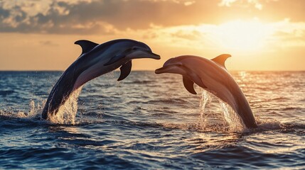 Fototapeta premium Two dolphins jumping out of the ocean at sunset, generative ai