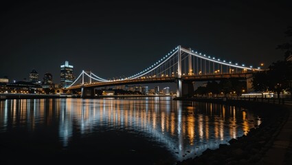 Fototapeta premium Illuminated City Skyline and Reflection on Water Beneath a Bridge at Night