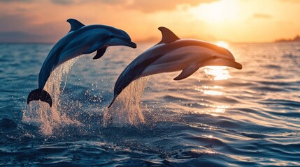 Fototapeta premium Two dolphins jumping out of the ocean at sunset, generative ai