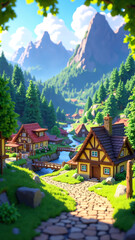 A voxel art village nestled in a lush valley, surrounded by rolling green hills and dense forests