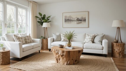 Modern Living Room with White Sofas and Natural Wood Accents Bathed in Soft Natural Light