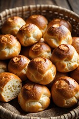 Freshly Baked Dinner Rolls in Rustic Basket Delicious Food Photography