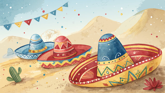 Sombrero Watercolor Background with Hand-Painted Vibrant Blues, Reds, and Yellows Against Sandy Texture with Copy Space  