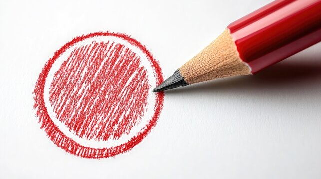 Red pencil drawing a circle on white paper. Art, creativity, marking concept. Use for art, education, and design blogs.