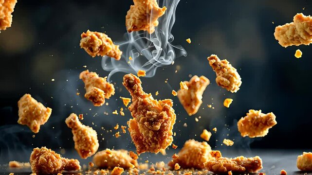 Crispy fried chicken pieces floating in mid-air with golden breadcrumbs scattered dynamically against dark background
