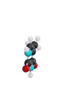 Molecule: Thymine. Chemical Structure Model: Ball and stick. Molecular Formula: C5H6N2O2. Isolated on a white background. Seamless looping Vertical video. 3D render.