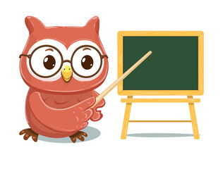 Cartoon owl with glasses, a wooden easel with a blank green chalkboard.