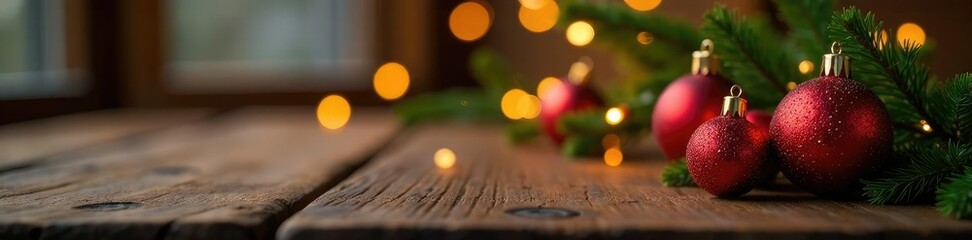 Decorated wooden table with red gold ornaments and soft tree lights, Christmas decorations, Tree lights