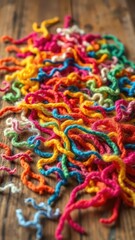 Colorful wool fibers scattered on a wooden table, creativity, weaving