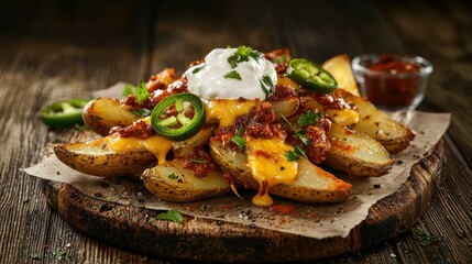 Loaded potato wedges topped with melted cheese, sour cream, jalapenos, and savory chili on rustic wooden board