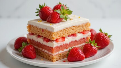 Layered Strawberry Cake with Fresh Cream and Garnished Strawberries on a White Plate