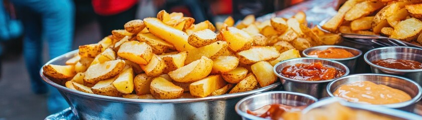 Crispy potato wedges served in metal bowl with various dipping sauces on street food stall