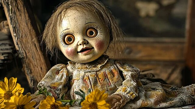 Creepy Antique Doll with Yellow Flowers