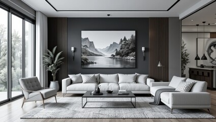 Stylish Minimalist Living Room with Gray Furniture and Contemporary Landscape Artwork