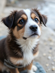 A puppy looks up at its owner with adorable eyes. AI.