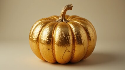 Elegant Gold Glitter Pumpkin Set Against a Soft Beige Background for Autumn Decor