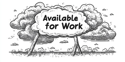 Available, work, job, hire, employment, opportunity, cloud, burst. Bold "Available for Work" message with comic book style. Use on job boards, social media, or professional sites.