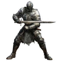 Fototapeta premium Epic medieval knight in full plate armor, holding a sword with a dramatic pose, highly detailed, isolated on a white or transparent background