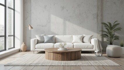 Bright and Airy Living Room Interior Featuring a White Sofa and Wooden Coffee Table with Plants