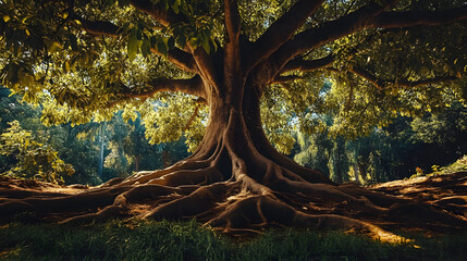 large tree growing from the earth's surface, with spreading roots and lush green leaves, symbolizing life and sustainability