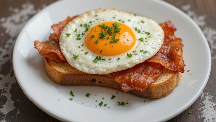 Fried Egg with Crispy Bacon on Toast Garnished with Fresh Herbs on a White Plate
