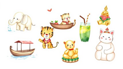 Naklejka premium Cute Asian Animals Boat Drink Buddha Cat Illustration