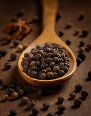 Fresh black peppercorns displayed in a small wooden spoon 6