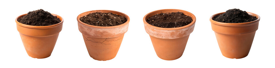 Rustic terracotta pot with rich soil isolated on a transparent background.