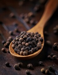 Fresh black peppercorns displayed in a small wooden spoon 4