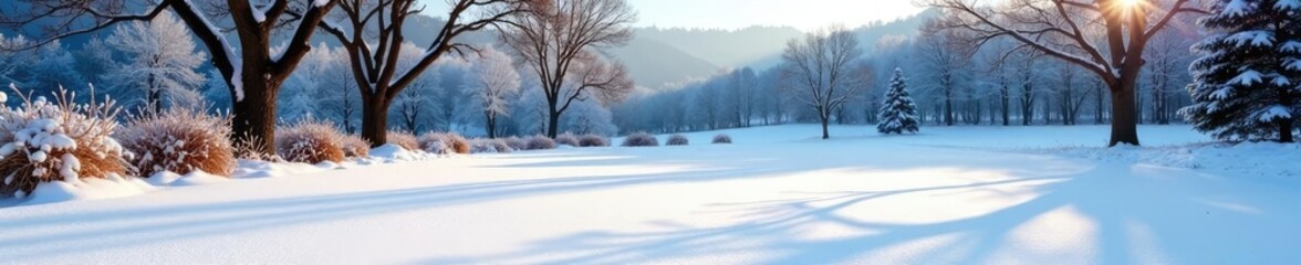 Obraz premium Freshly fallen snow on a blanketed lawn with bare trees and winter foliage, natural, winter, snow