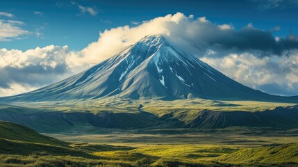 Fototapeta premium Majestic Volcano under a Cloudy Sky, A Breathtaking Landscape