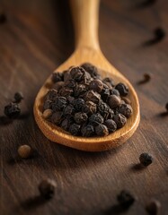 Fresh black peppercorns displayed in a small wooden spoon 4