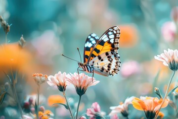 Obraz premium Elegant Butterfly Fluttering Gracefully Over Colorful Blooming Flowers in Soft Focus Background