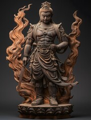 Fototapeta premium Divine Protector: An awe-inspiring, detailed wooden statue depicting a deity, exuding strength and serenity, surrounded by intricately carved flames.