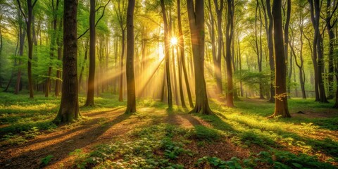 Obraz premium Warm sunlight filters through dense foliage in an otherworldly forest setting