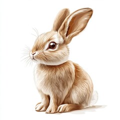 Obraz premium Realistic sketch engraving of a fluffy brown rabbit sitting on a white background with fine fur details
