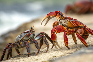 Two Colorful Crabs Face Off on Damp Ground